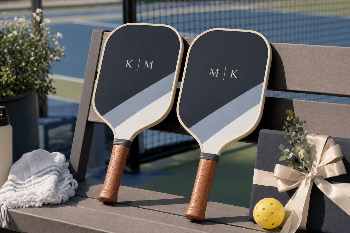 A coordinated pair of custom pickleball paddles designed as a gift for a couple