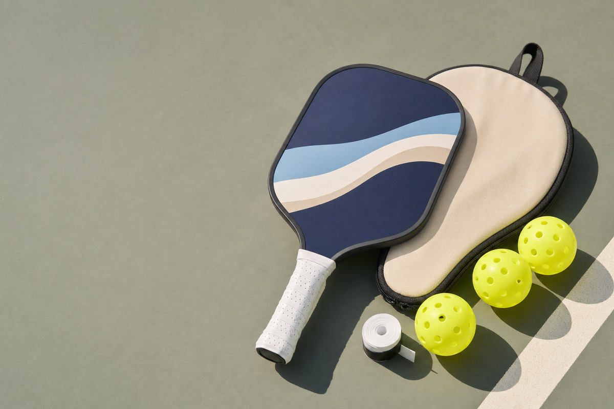 Custom pickleball paddle accessories for new players arranged beside a beginner paddle setup