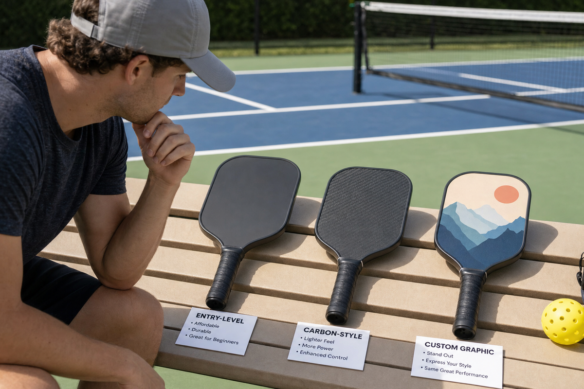 A beginner pickleball player comparing several paddle types on a court