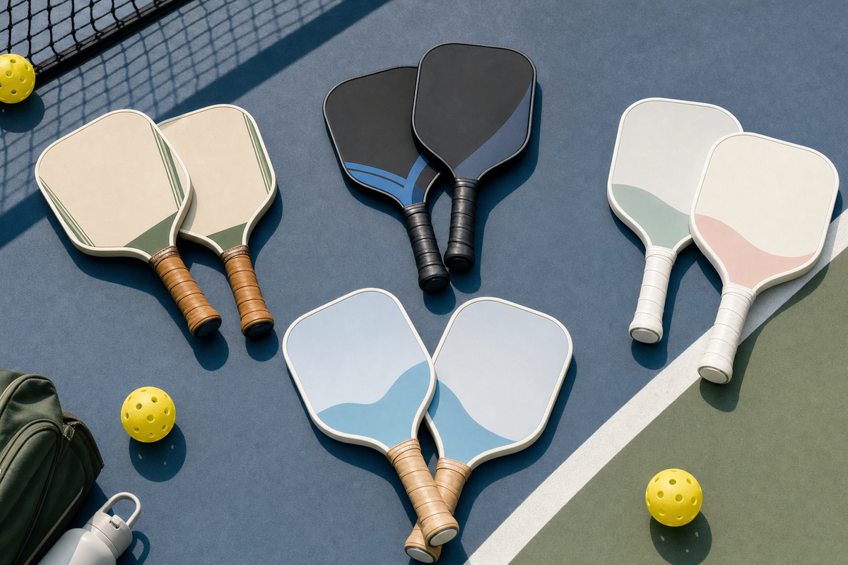 A set of custom pickleball paddles arranged for a club, company, and family bulk order comparison