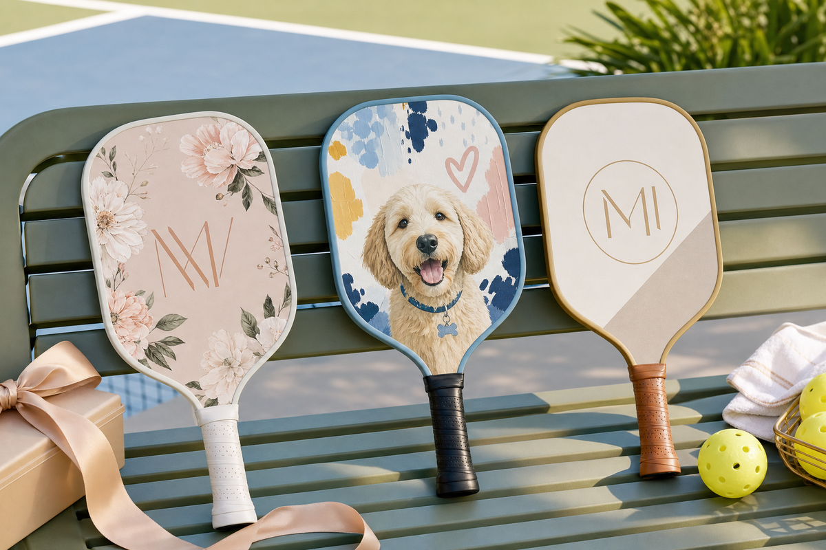 Custom pickleball paddle gift ideas for mom arranged with pickleball accessories on a clean court bench