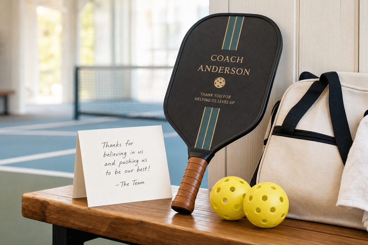 Custom pickleball paddle gift shown beside a handwritten coach thank-you card and court accessories