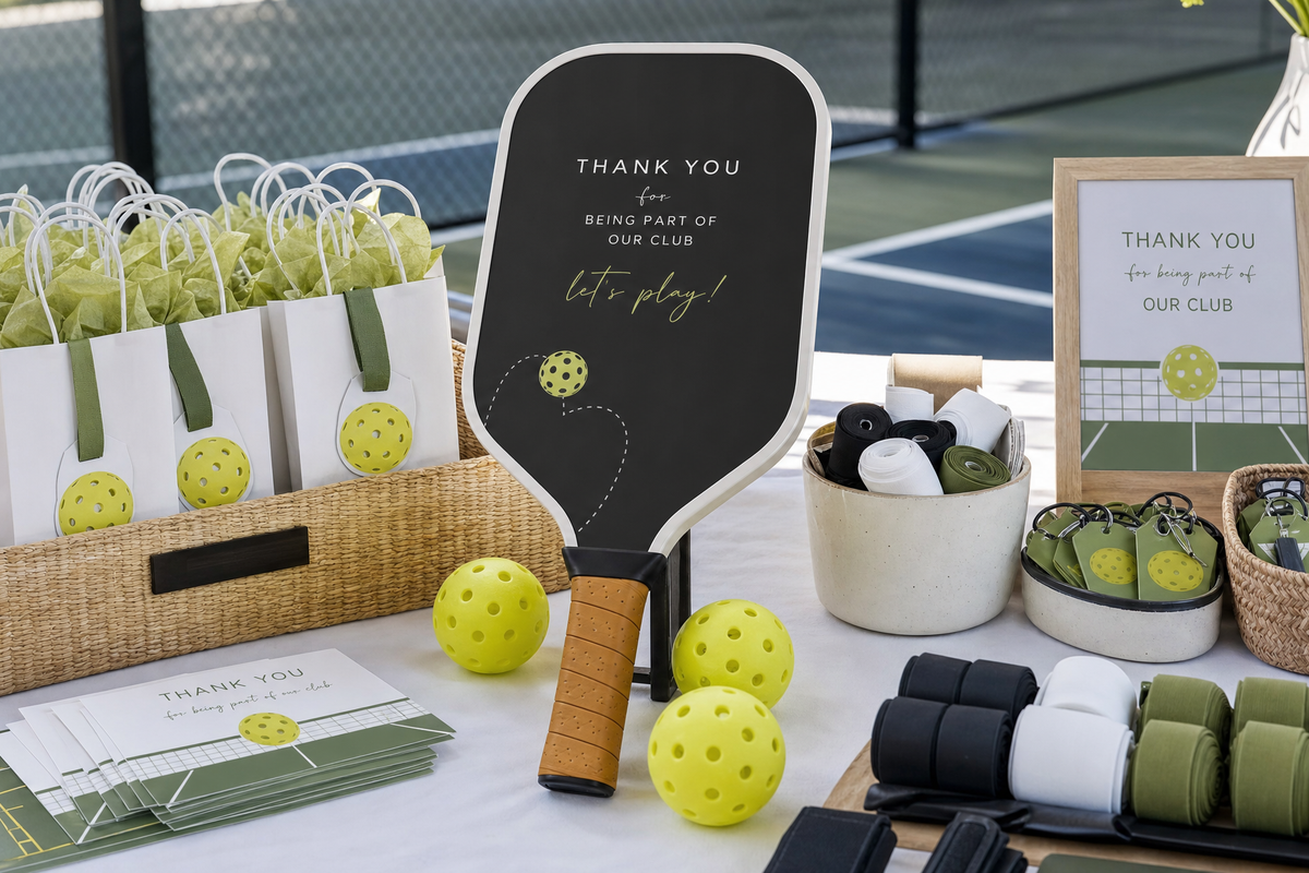 Pickleball party favor table with custom paddle, bag tags, balls, thank-you cards, and club event items