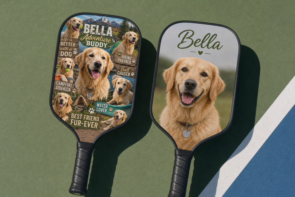 Comparison of two custom pickleball paddle designs using a pet photo, one cluttered and one clean