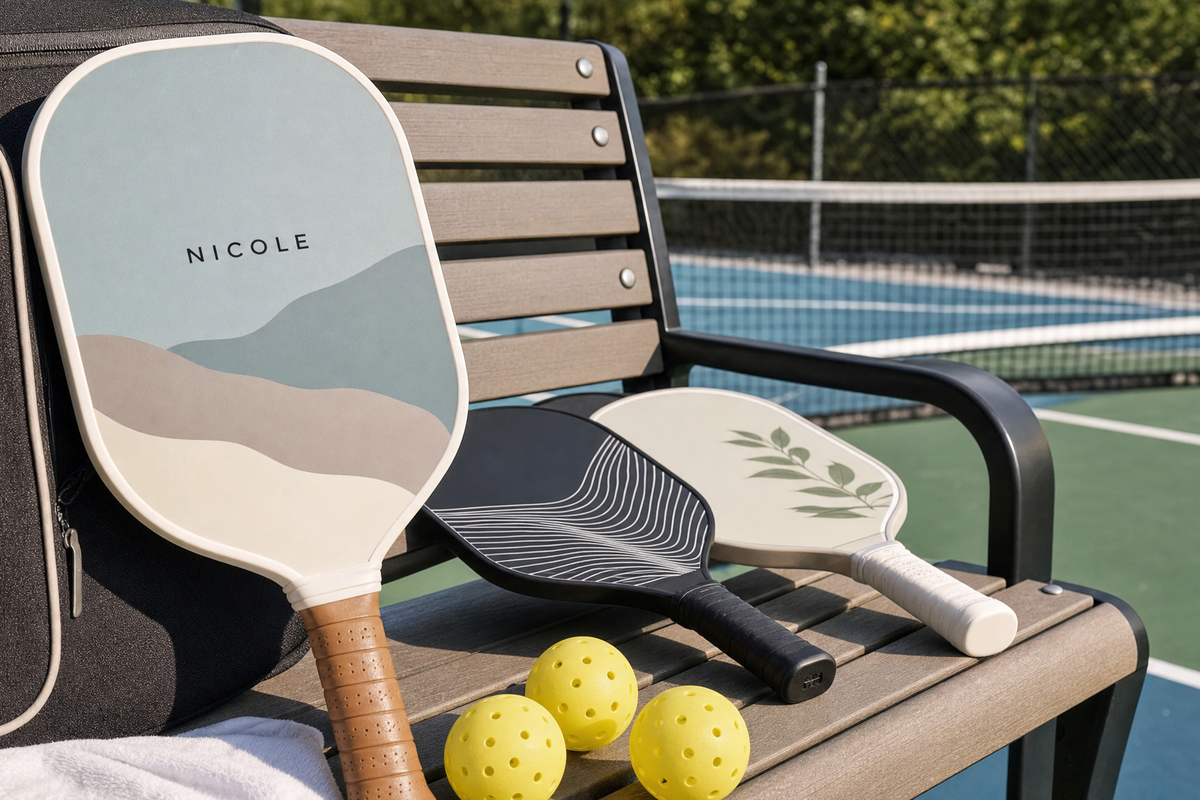 Beginner custom pickleball paddle with simple name personalization and clean artwork on a pickleball court