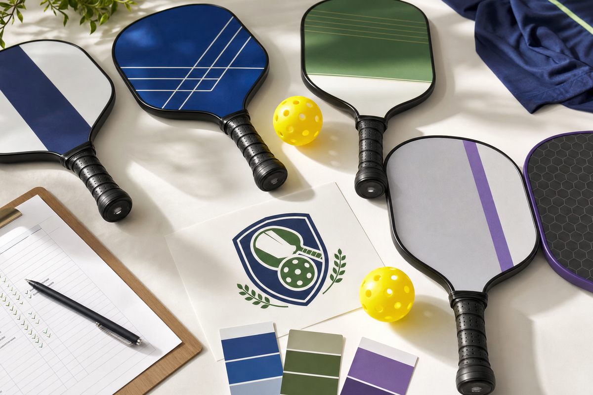 Custom pickleball paddles for a club arranged beside a checklist, logo sheet, and pickleballs
