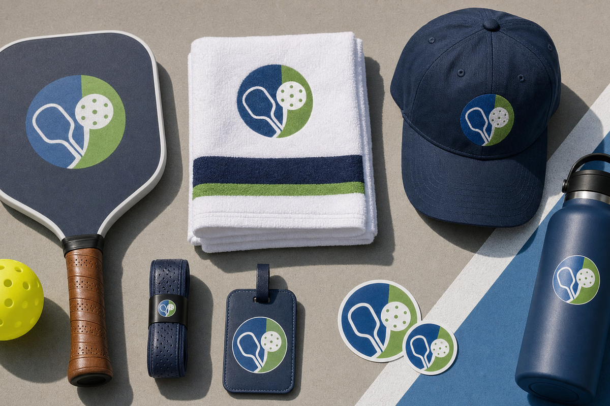 Pickleball club merch flat lay with custom paddle, towel, hat, grip tape, bag tag, and stickers