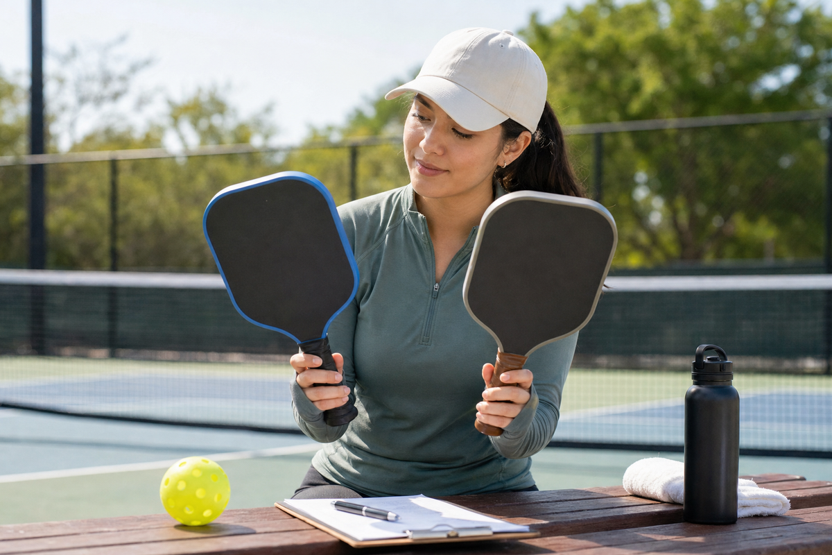 Beginner pickleball paddle selection with balanced paddle, grip, and checklist on a court