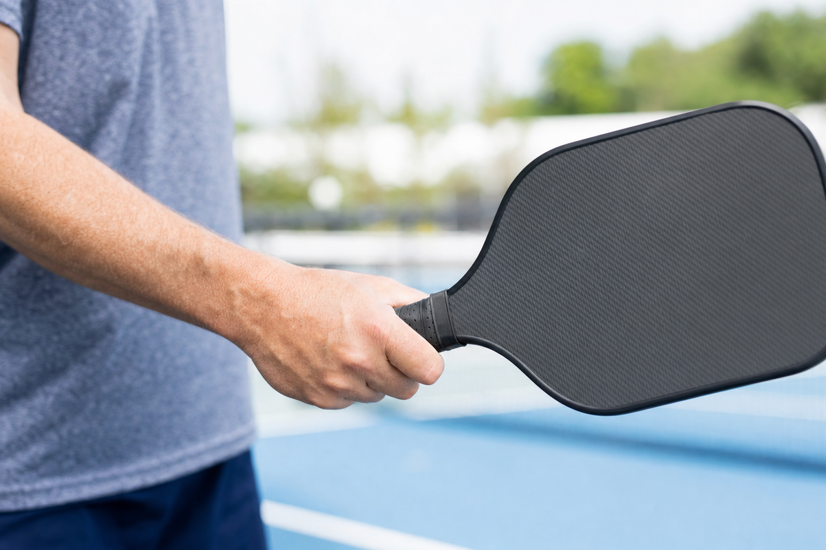 Beginner holding a pickleball paddle with a relaxed handshake grip