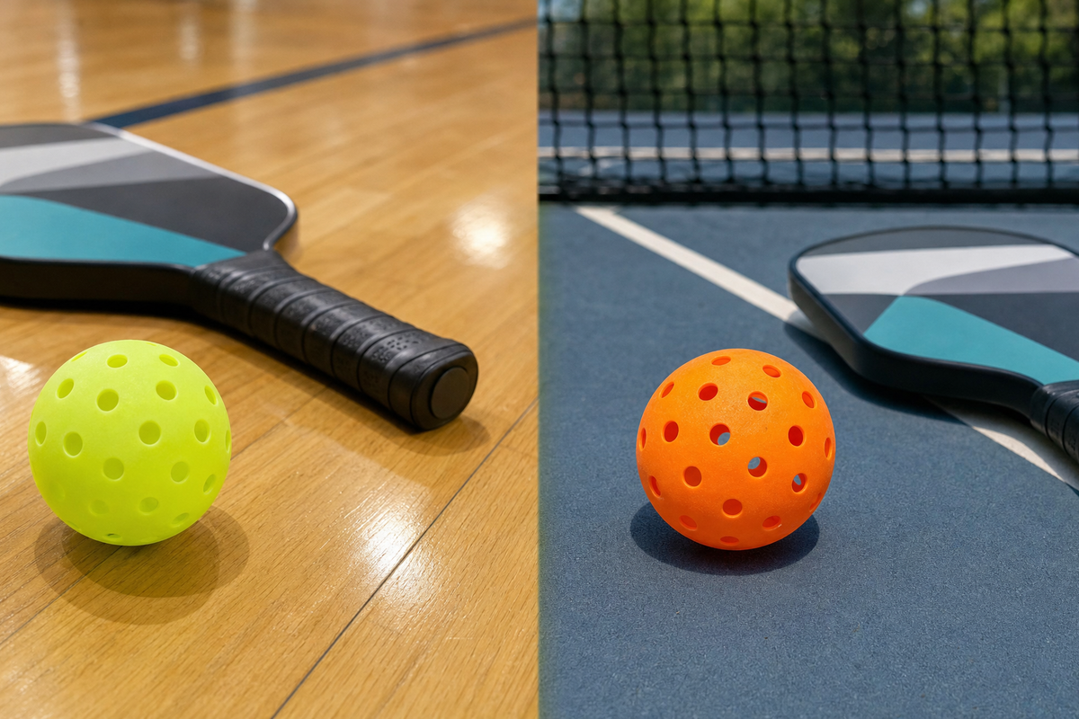 Indoor and outdoor pickleball balls side by side on gym and outdoor court surfaces