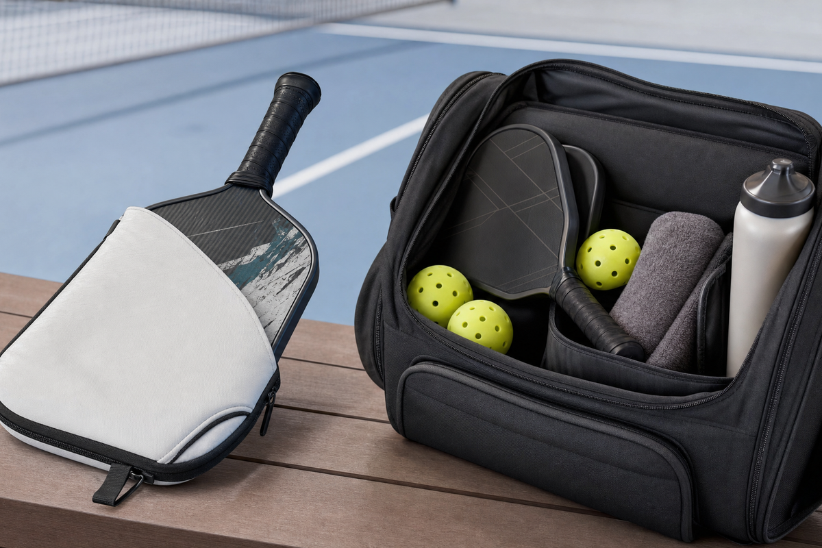 Pickleball paddle cover beside a pickleball bag showing paddle protection versus gear organization