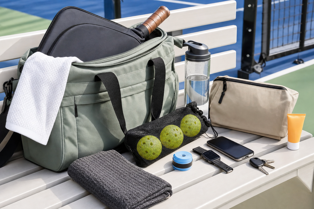 Organized pickleball bag accessories including paddle cover, balls, towel, water bottle, overgrip, and small pouch