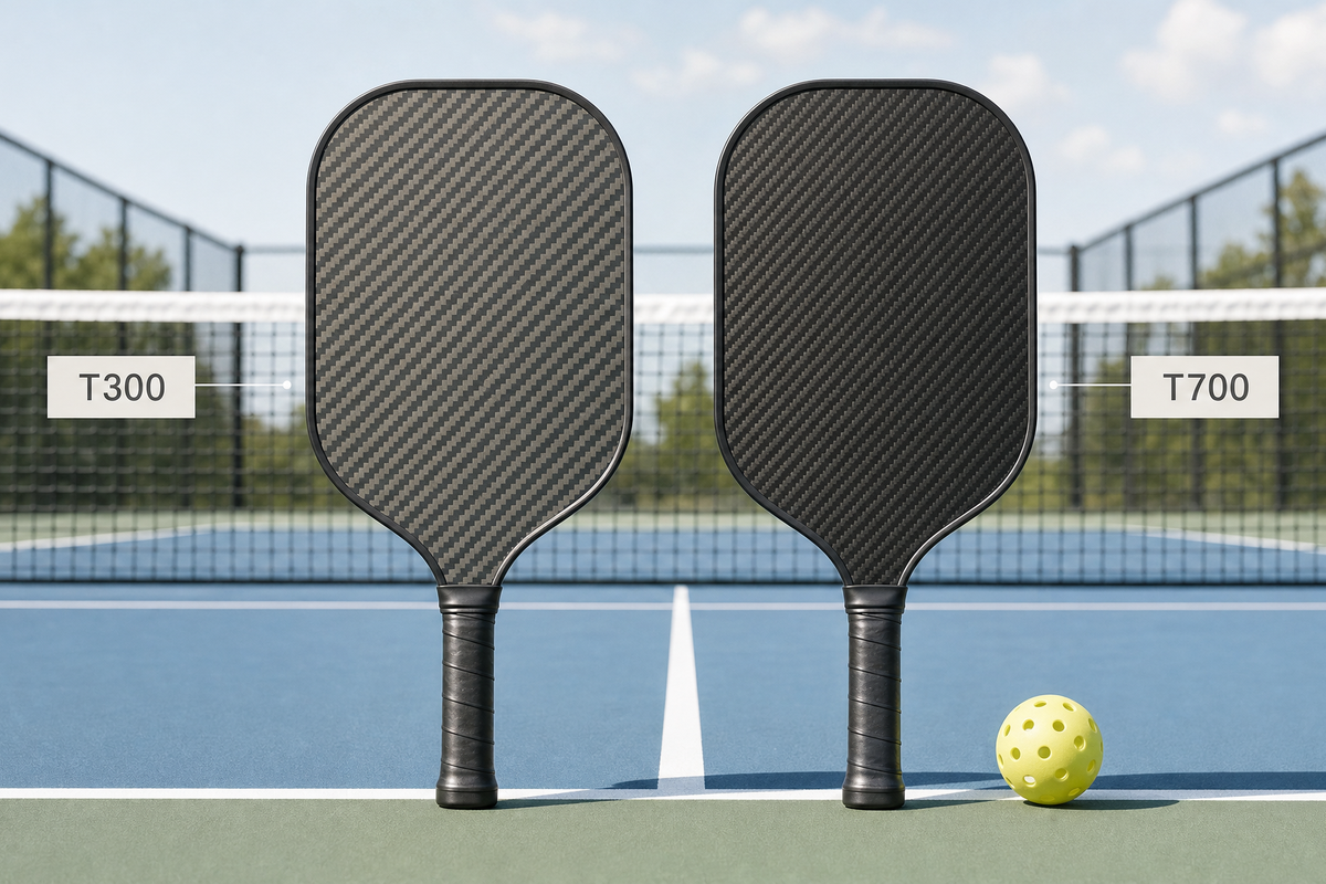 Side-by-side T300 and T700 carbon fiber custom pickleball paddle bases on a court
