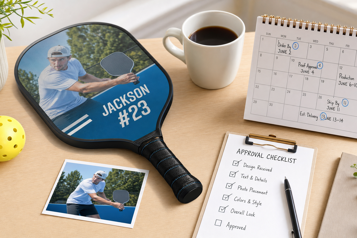Custom pickleball paddle gift timing timeline showing photo selection, artwork approval, production, delivery buffer, and gift date