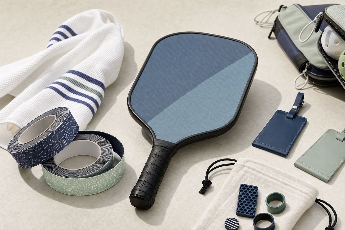 Personalized pickleball gift options arranged around an existing paddle, including edge tape, towel, bag tag, and accessory bundle
