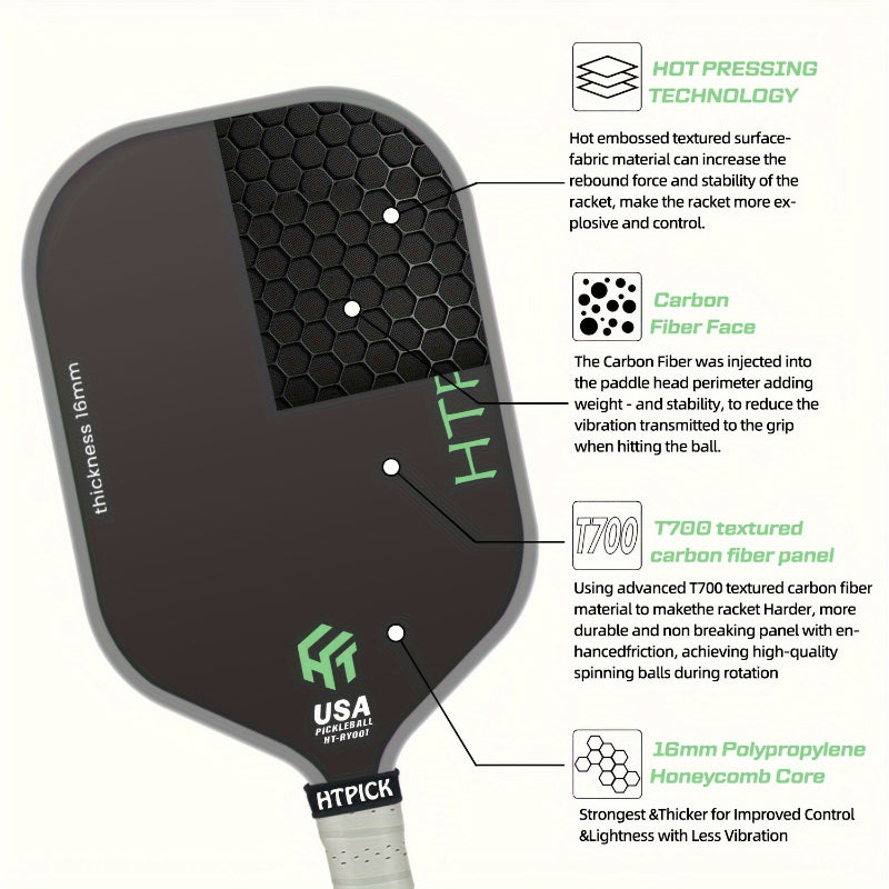 ThermoForce T700 Carbon Fiber 16mm Pickleball Paddle PP Honeycomb Core | Verdant