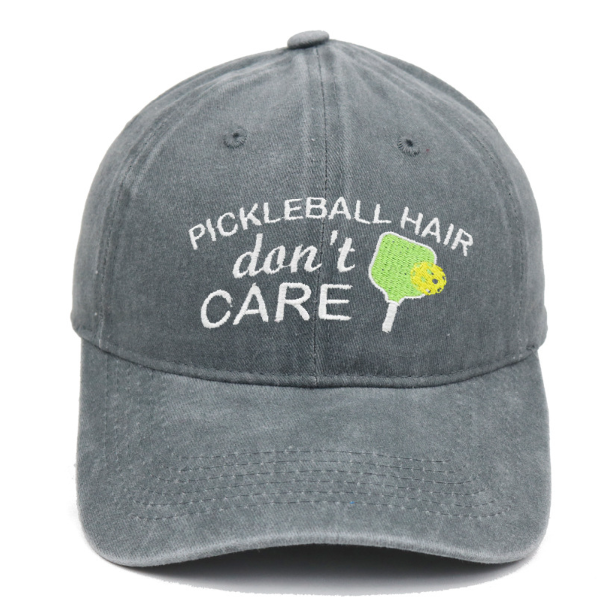 Gray cap with 'Pickleball Hair don't Care' text and pickleball paddle graphic on a white background