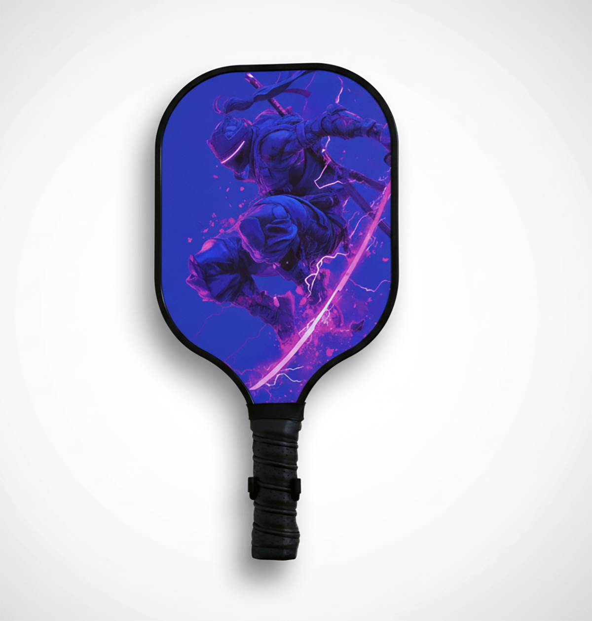 Pickleball paddle with a blue and pink design on a white background