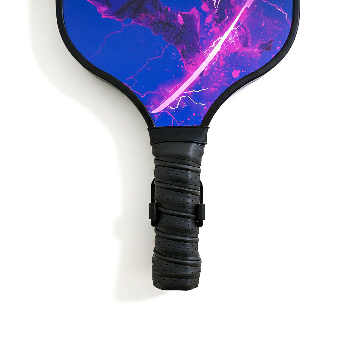 Pickleball paddle with a vibrant purple and blue design on a white background