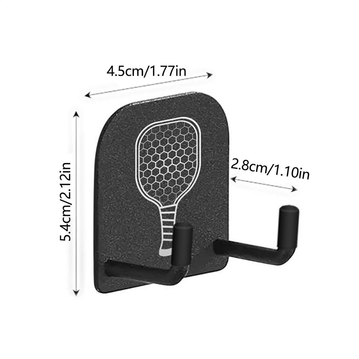 Black wall hook with paddle design and measurements on a white background