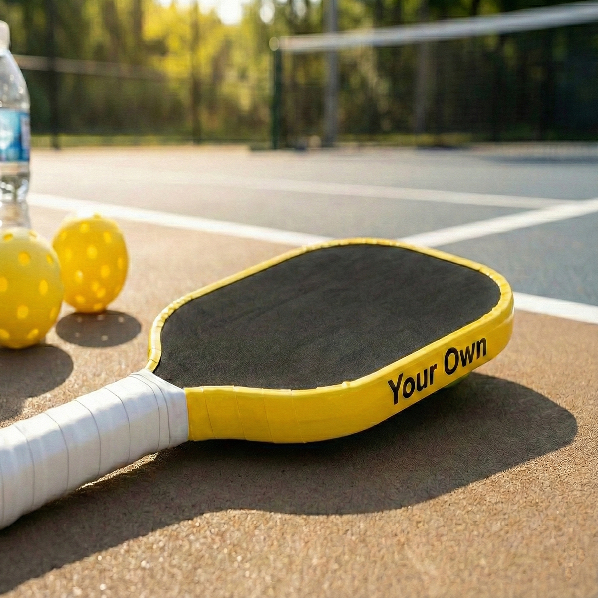 Yellow paddle with 'Your Own' text on a tennis court