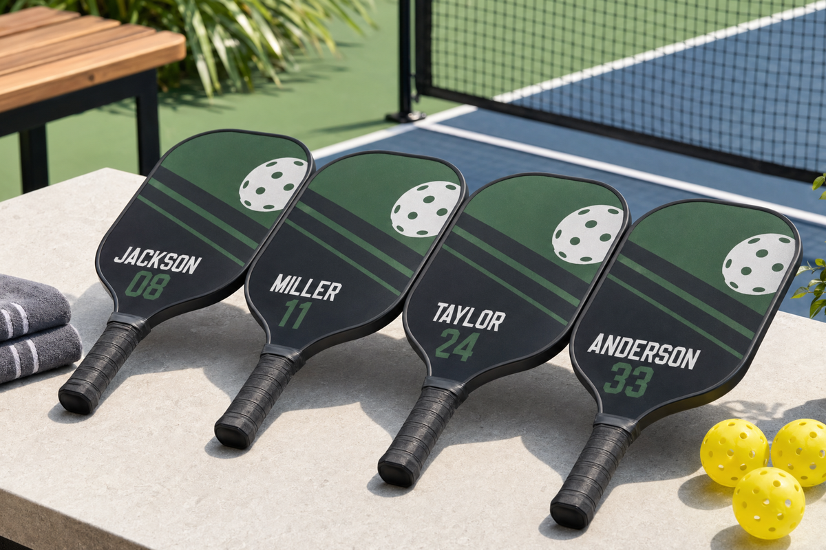 A coordinated set of custom pickleball paddles for a team with different names and numbers