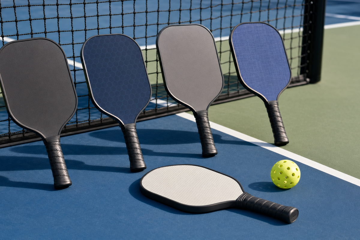 Beginner pickleball paddles arranged on a court showing different shapes and materials