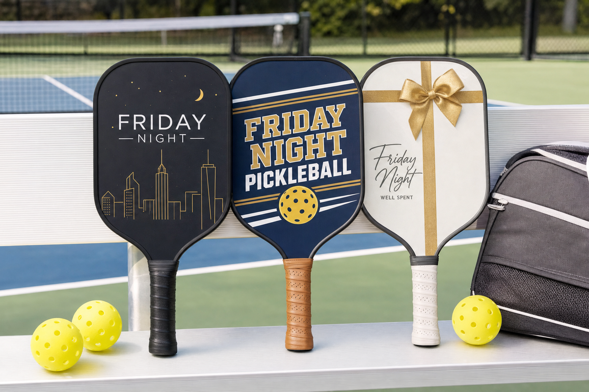 Friday pickleball paddle concepts displayed beside a court bag and pickleballs