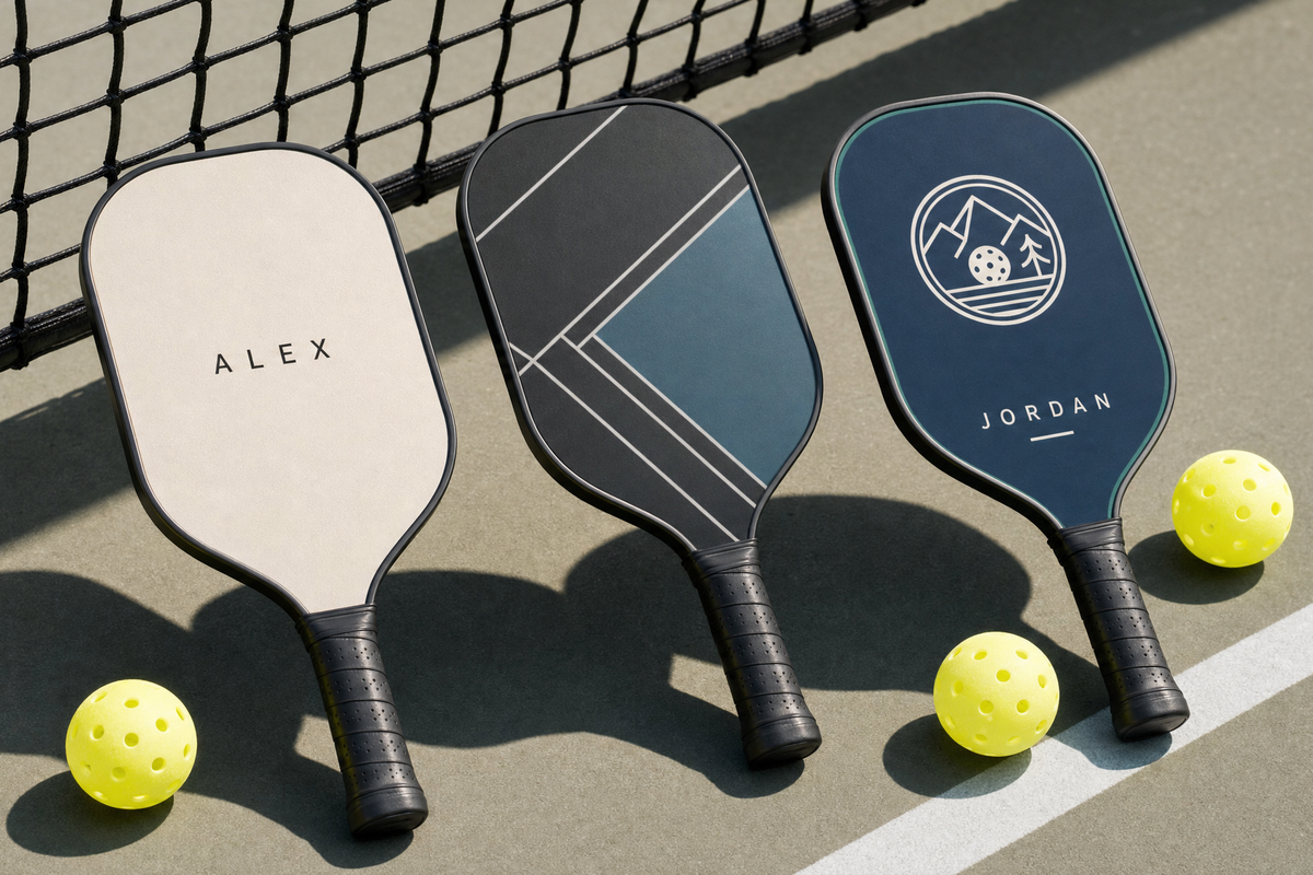 Designer pickleball paddles with personalized names, simple patterns, and club-style layouts arranged for comparison
