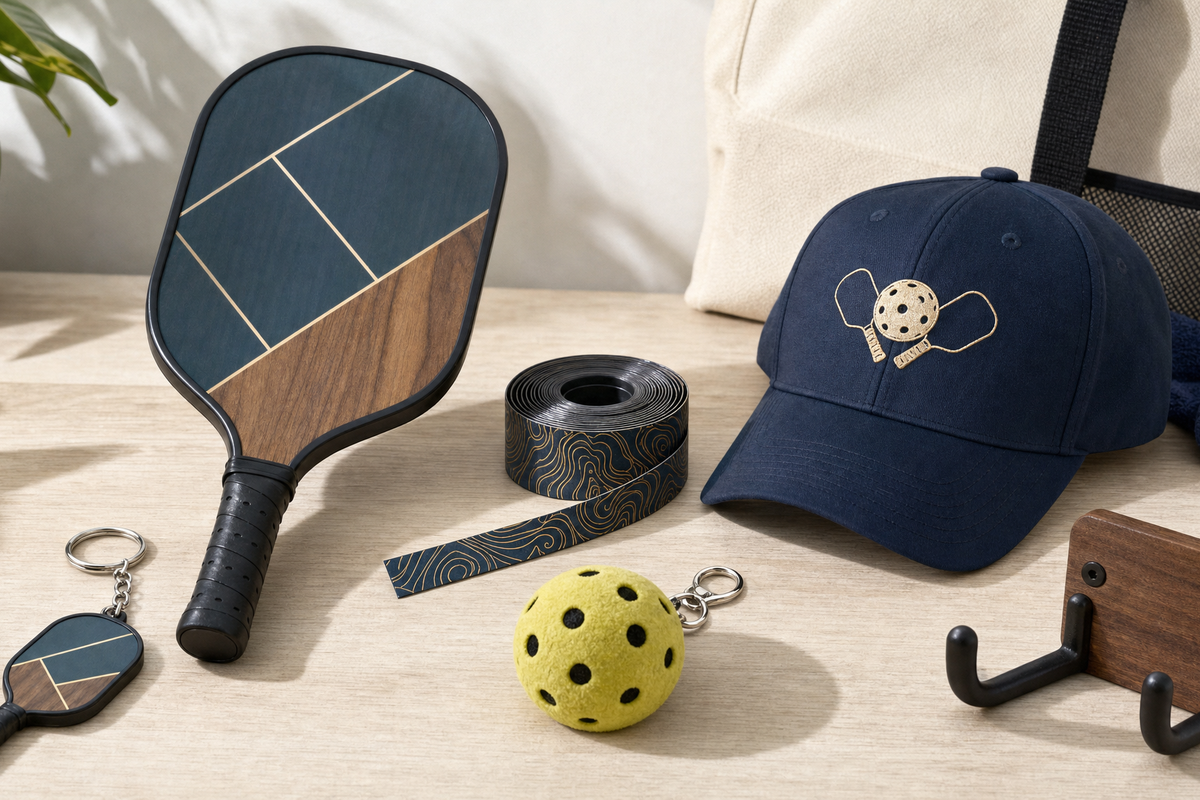 Personalized pickleball gift ideas arranged around a custom paddle, edge tape, keychains, hat, and display hook