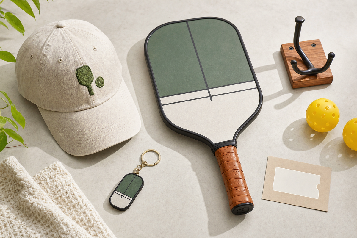 A curated flat lay of pickleball accessories gifts including a custom paddle, keychain, cap, and display hook