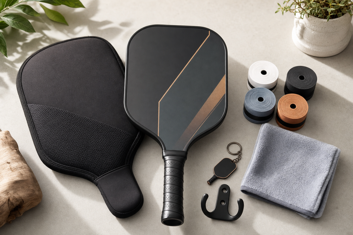 Pickleball paddle accessories arranged around a custom paddle, including grip tape, cover, wall hook, cleaning cloth, and keychain