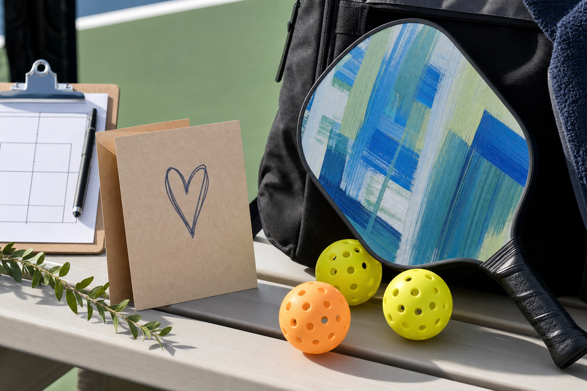 Custom pickleball paddle gift beside a thank-you card and coach clipboard on a court bench