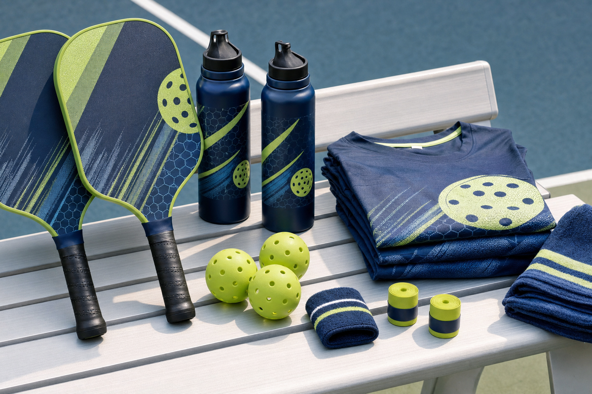Pickleball team gift set with custom paddles, matching shirts, towels, balls, and small accessories arranged on a court bench