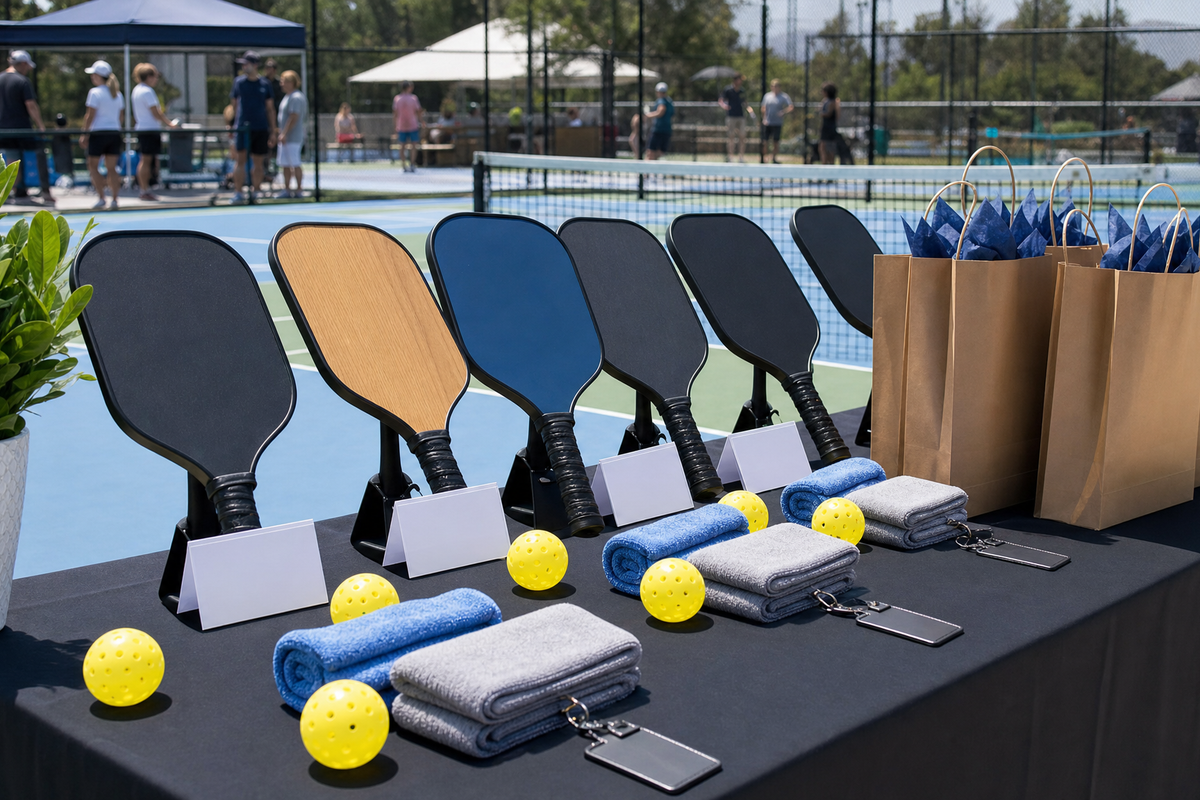 Pickleball tournament gift table with custom paddles, towels, balls, and award cards
