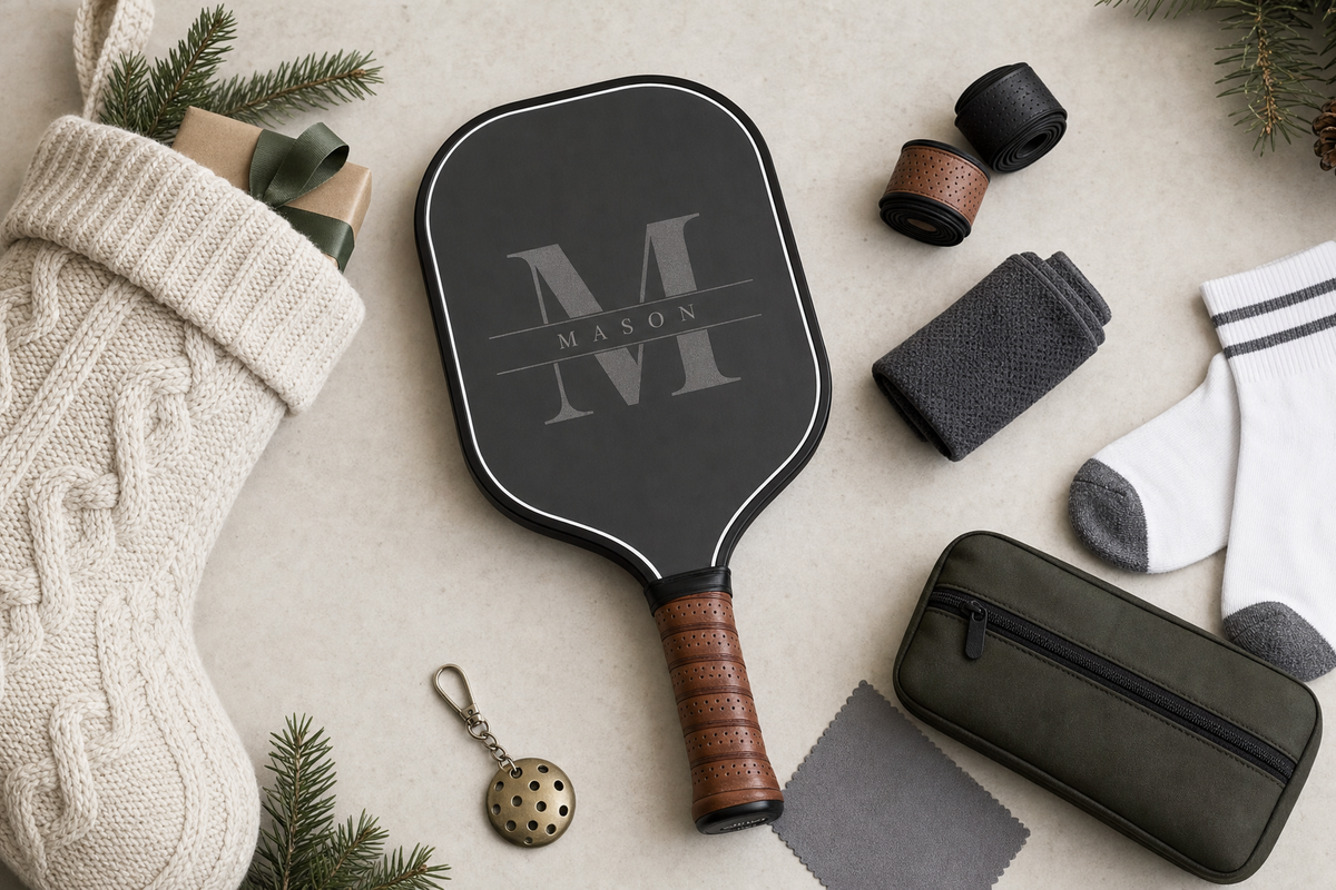 Pickleball stocking stuffers arranged with a custom paddle, grip tape, towel, socks, and small court accessories