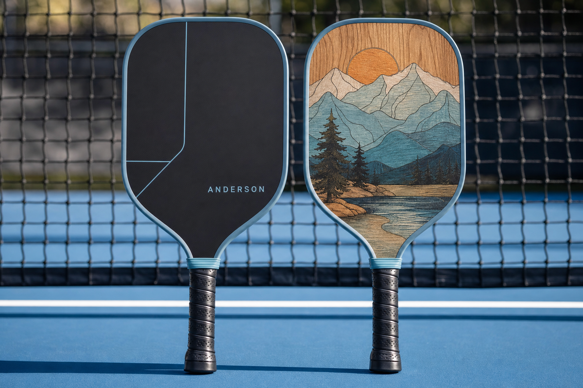 Two-sided custom pickleball paddle showing a clean game side and a personal artwork side