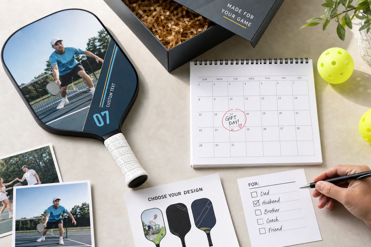 A custom pickleball paddle gift planning scene with a calendar, photo options, and name proofing notes