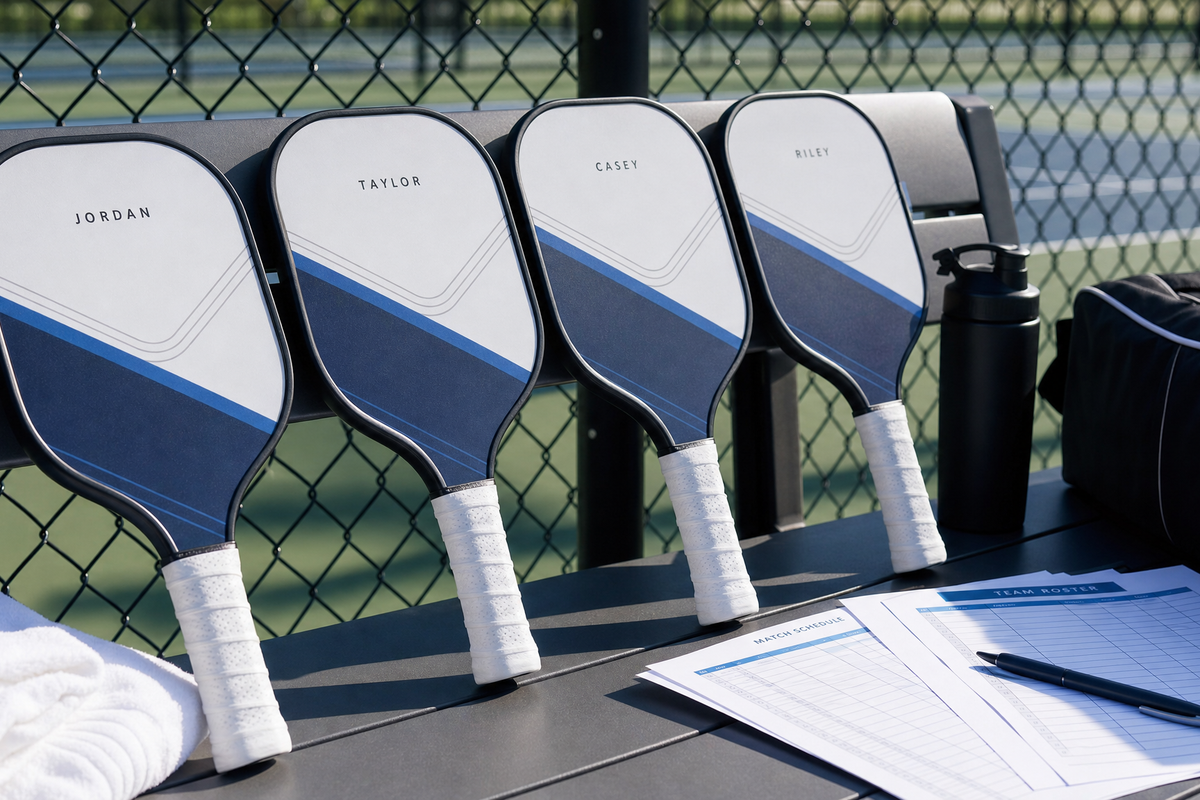 A coordinated set of custom team pickleball paddles with names and shared colors on a court bench
