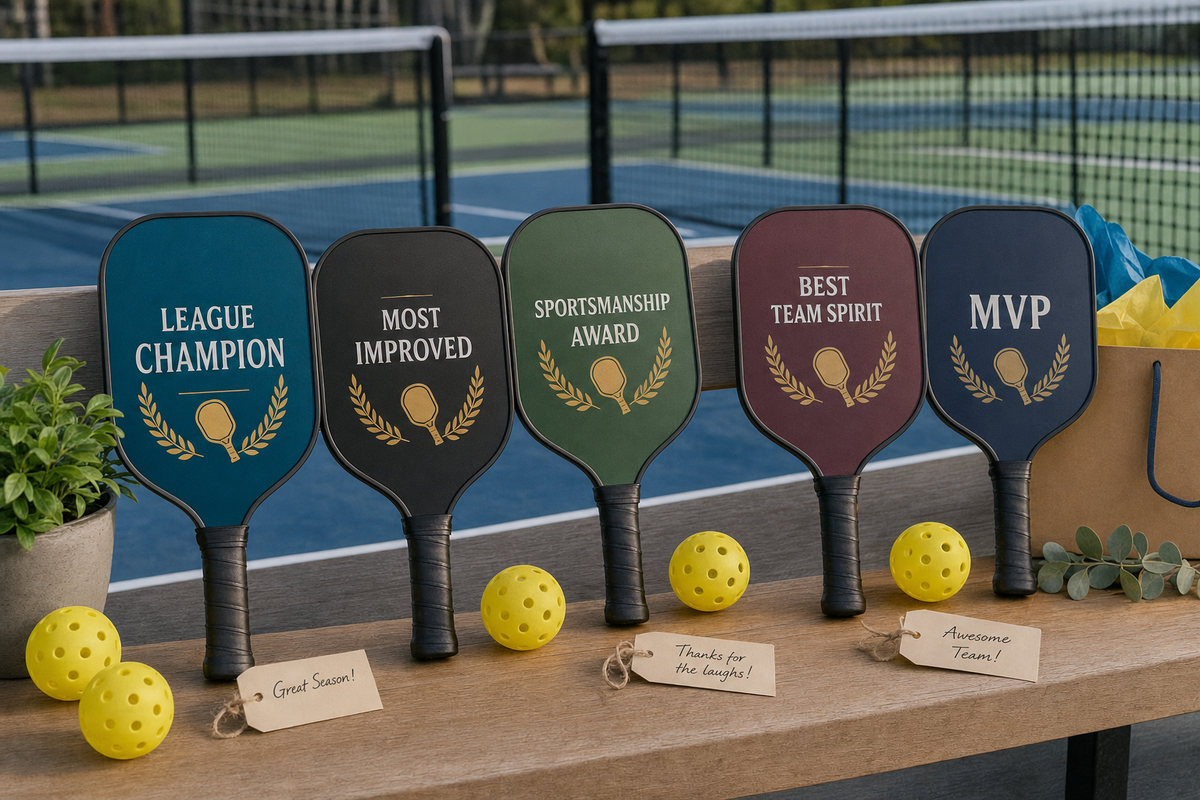 Custom pickleball league gifts displayed as end-of-season awards on a court bench