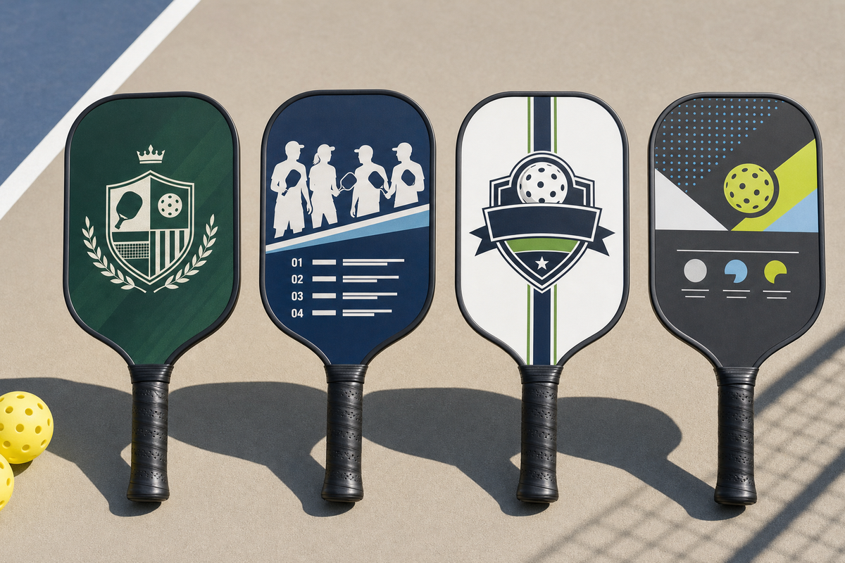 Custom logo pickleball paddle ideas for a club, team, sponsor event, and local tournament arranged as a comparison banner