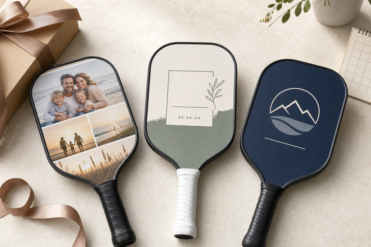 Custom pickleball paddle design options showing photo, name, logo, and gift timing decisions