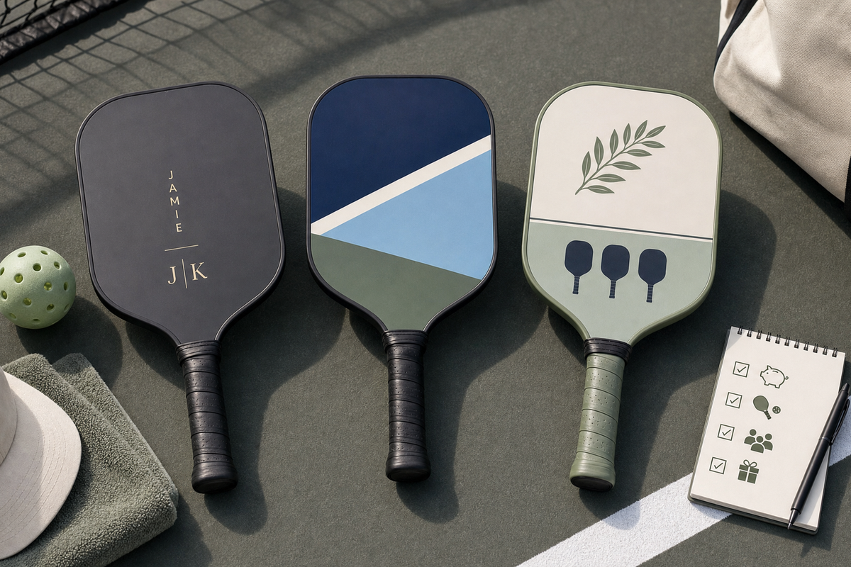 Custom pickleball paddle design comparison showing artwork, name placement, and color choices under a budget