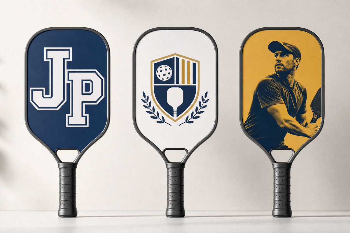 Comparison of clear custom pickleball paddle design ideas with bold focal points and readable layouts