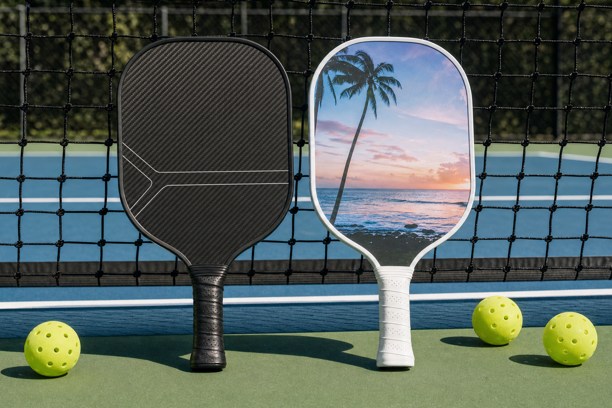 Carbon fiber vs fiberglass custom pickleball paddle comparison with two paddles on a court