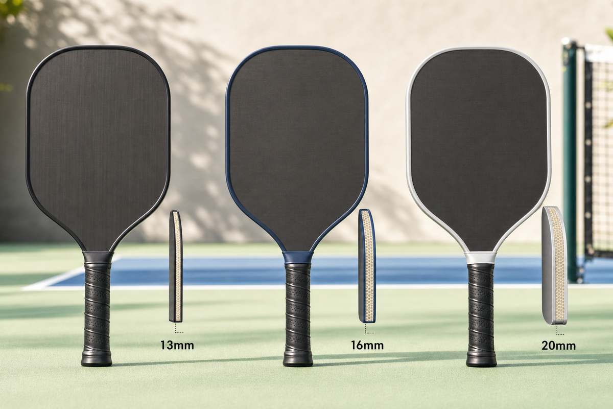 13mm, 16mm, and 20mm custom pickleball paddles shown side by side to compare thickness profiles
