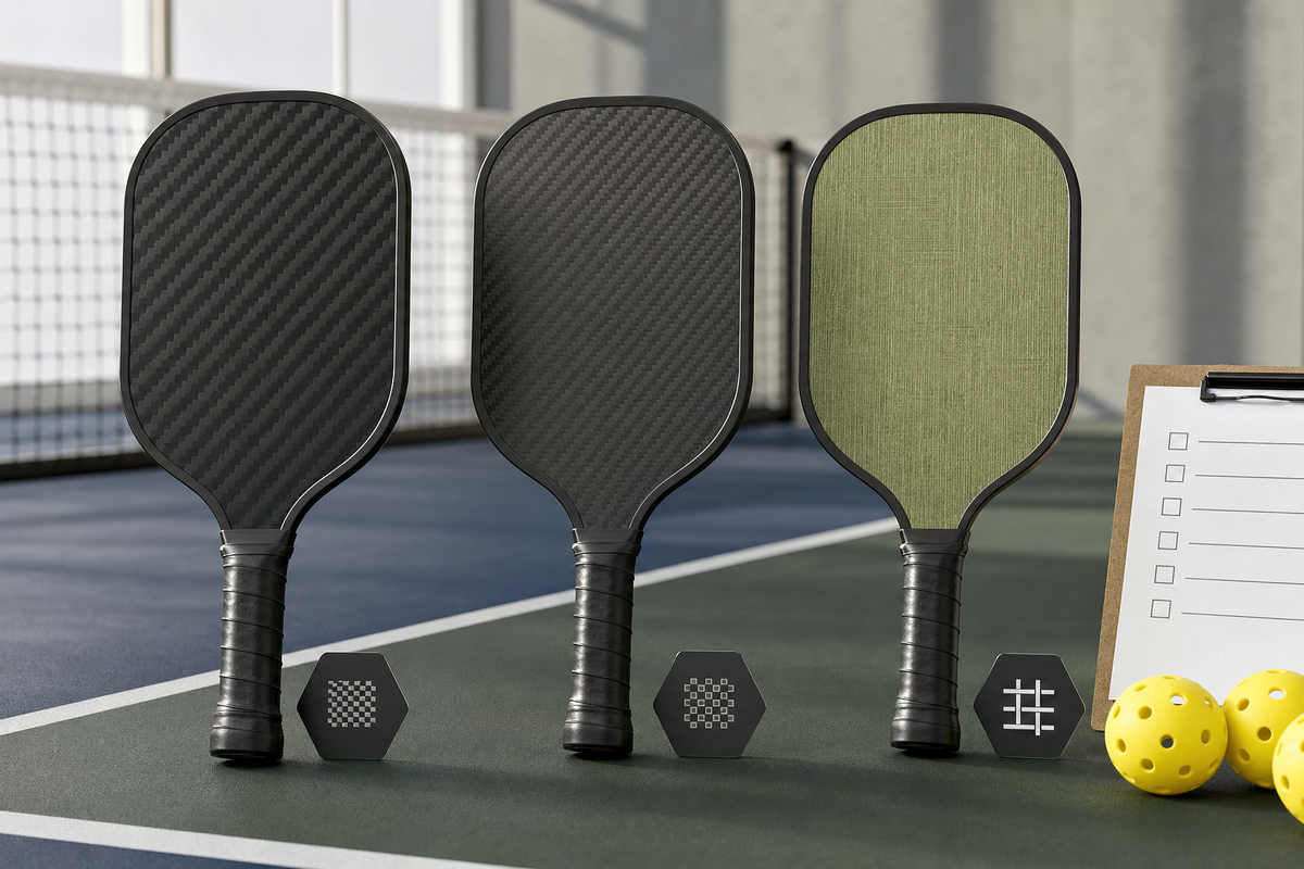 T700 carbon fiber pickleball paddle compared with T300 and fiberglass paddles on a clean court background