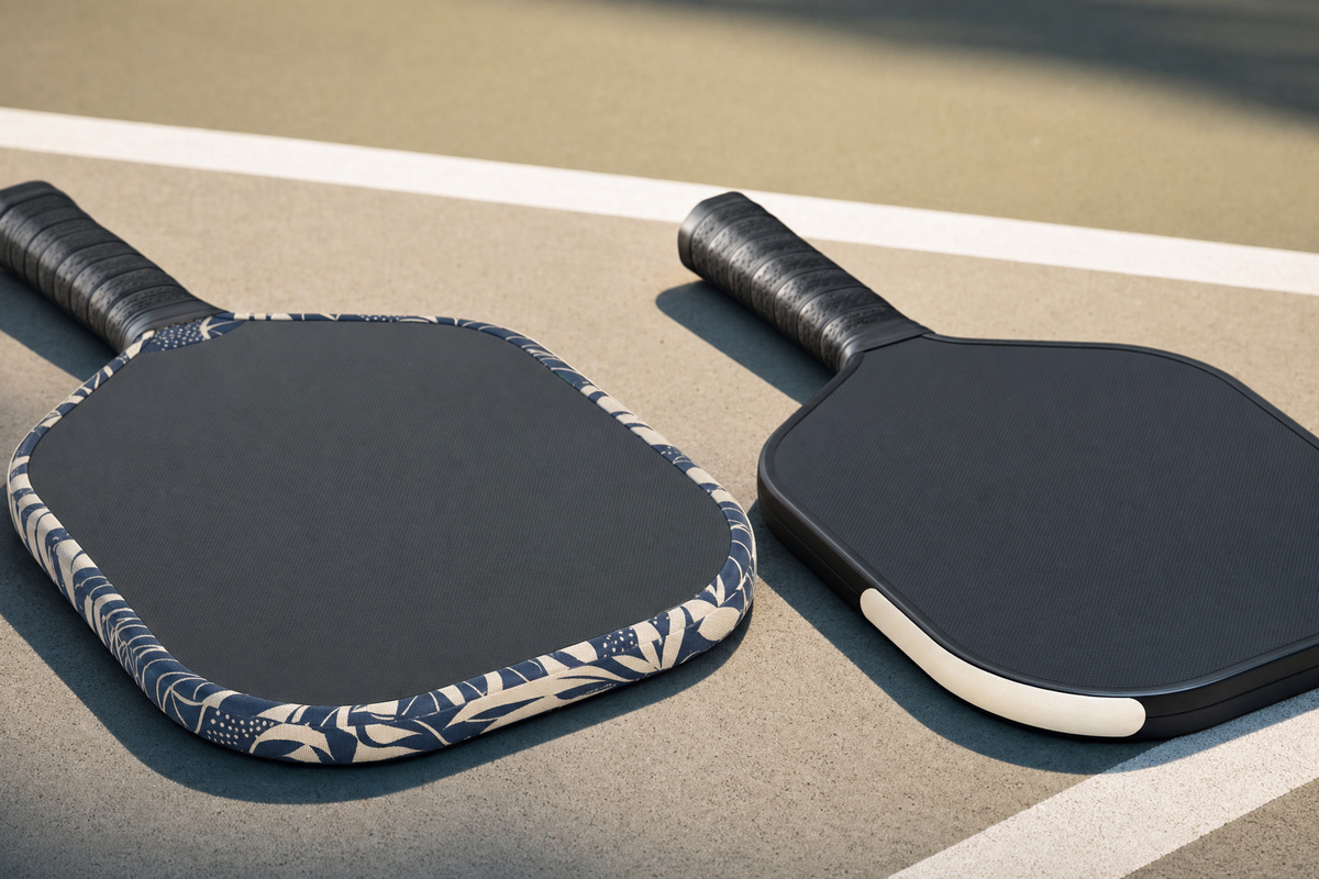 Comparison of a pickleball paddle with full-graphic custom edge tape and a paddle with a simple name strip