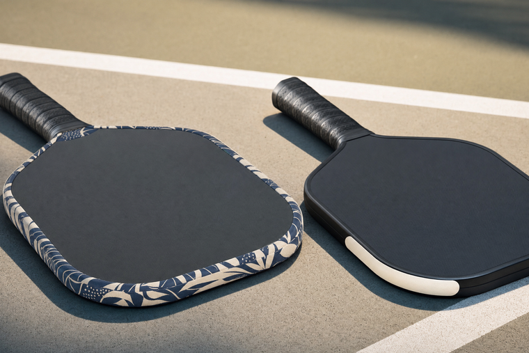 Comparison of a pickleball paddle with full-graphic custom edge tape and a paddle with a simple name strip