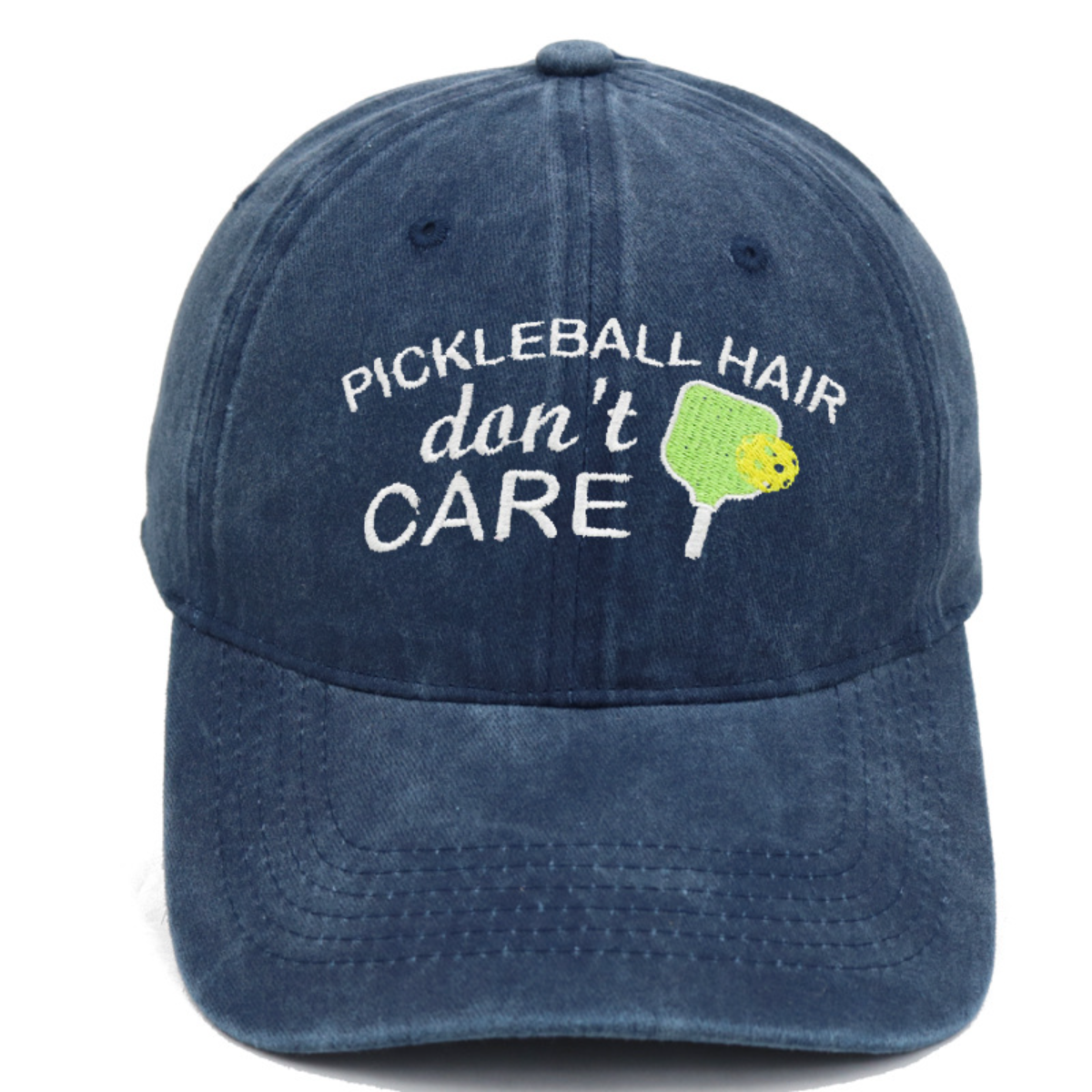 Blue cap with 'Pickleball Hair don't Care' text and pickleball graphic on a white background